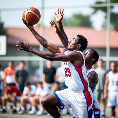 African-American basketball player jumping for ball