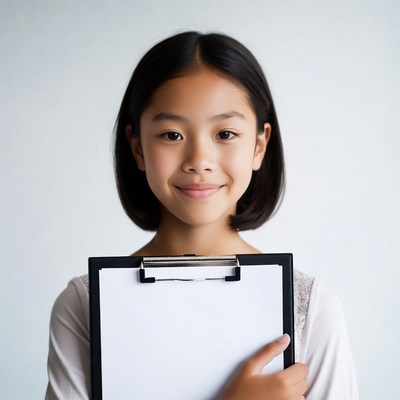 Asian girl holding clipboard