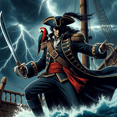 Pirate Captain with Parrot on Ship