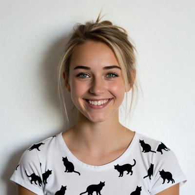 Smiling woman in black cat t-shirt