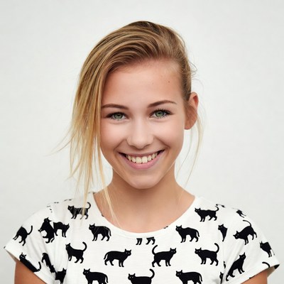 Smiling woman in black cat t-shirt