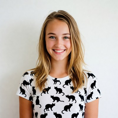 Girl smiling in cat print shirt