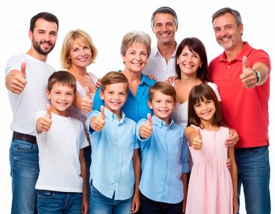 Multi-generational family giving thumbs up