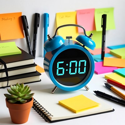 Blue Alarm Clock on Desk 6:00