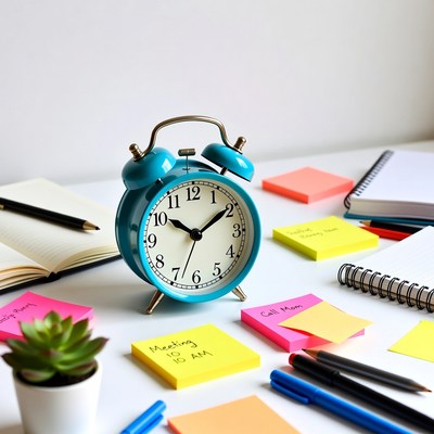 Blue Alarm Clock on Desk with Notes