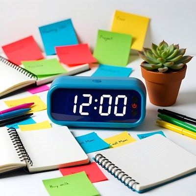 Desk with Blue Clock and Sticky Notes