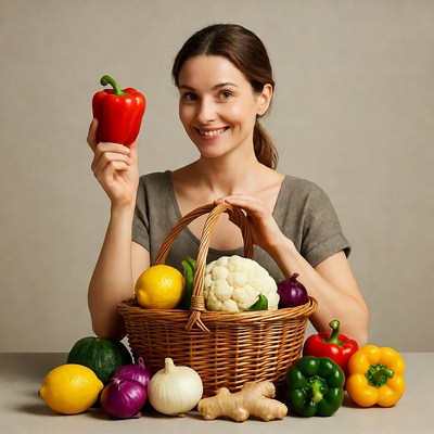 Woman holding basket of fresh vegetables