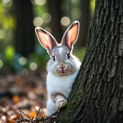 White bunny peeking from tree trunk