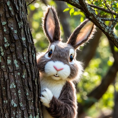 Fluffy Bunny Peeking from Tree