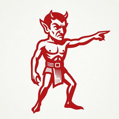 Red cartoon devil pointing forward