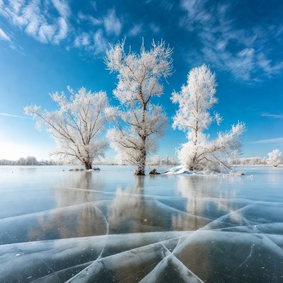 Frosty Trees on Frozen Lake