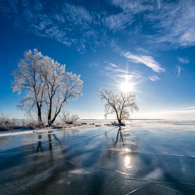 Frosty Trees on Frozen Lake