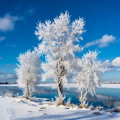 Frost-covered trees by frozen lake