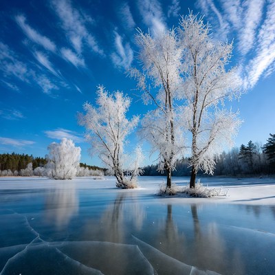 Frost-covered trees on frozen lake