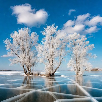 Frost-covered trees on cracked ice lake