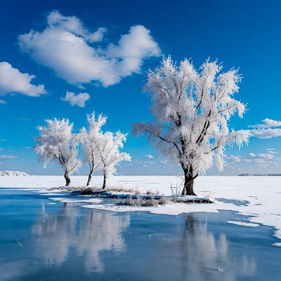 Frost-covered trees on frozen lake