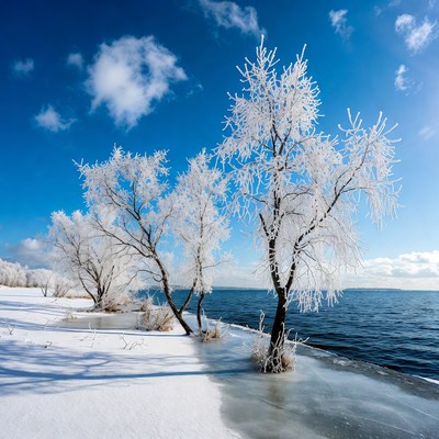 Frost-covered trees by icy lake