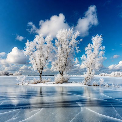 Frost-covered trees on icy lake