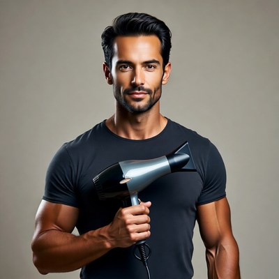 Muscular man holding hair dryer