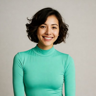 Asian woman smiling in green turtleneck