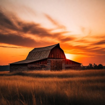 Red Barn at Sunset in Field