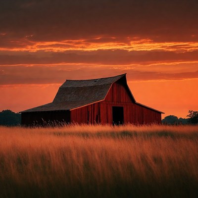 Red Barn in Tall Grass at Sunset