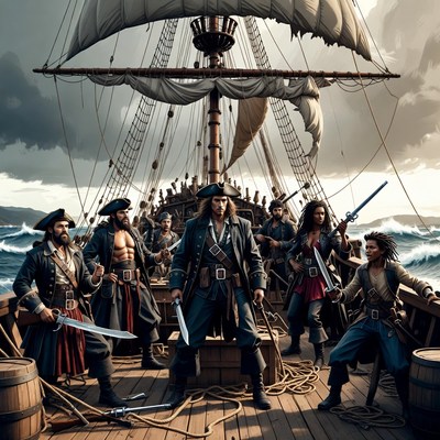 Pirate crew on stormy ship