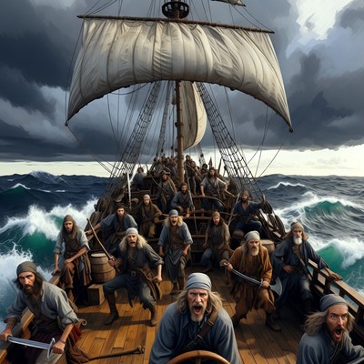 Viking Warriors on Stormy Sea Ship