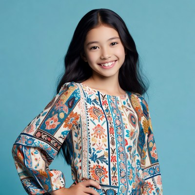 Asian girl smiling in patterned dress