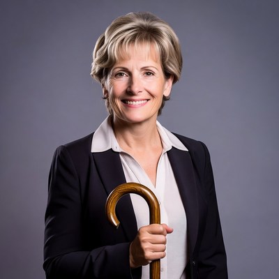 Smiling woman holding wooden cane