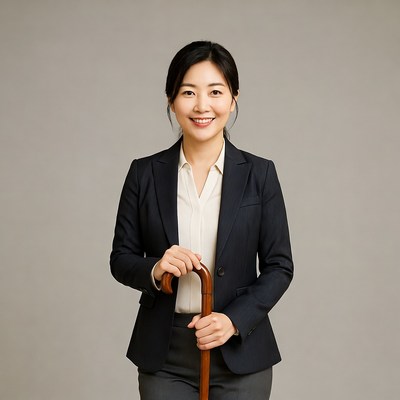 Asian woman holding cane in suit