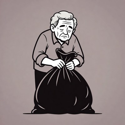 Elderly man holding large sack