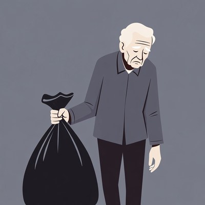 Elderly man carrying black trash bag