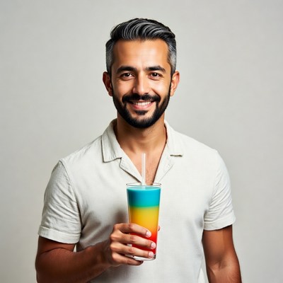 Man holding layered colorful drink