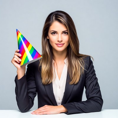 Woman holding rainbow party hat