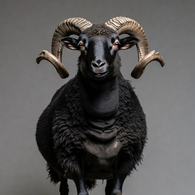 Black ram with large curved horns