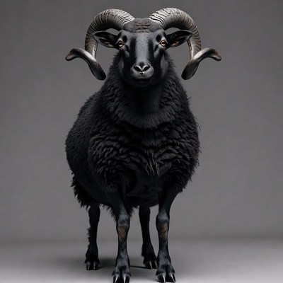 Black ram with large curved horns
