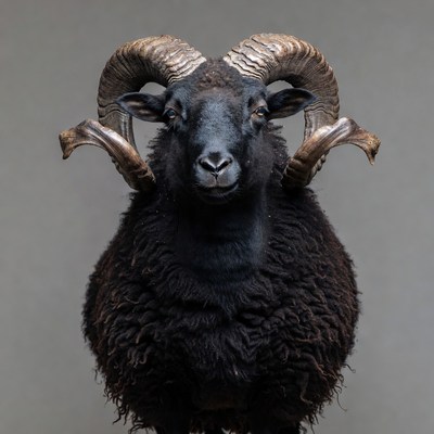Black ram with large curved horns