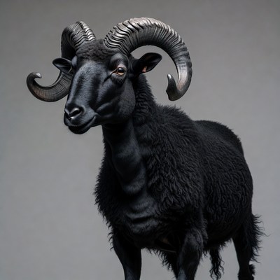 Black ram with large curved horns