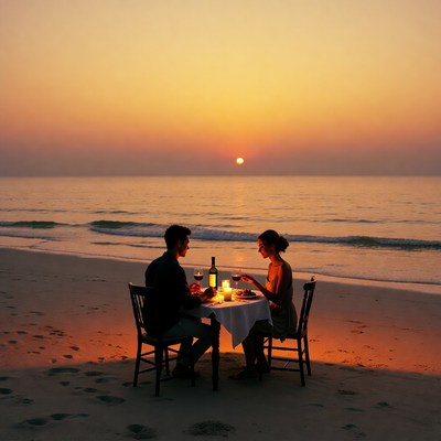 Romantic couple dining on beach sunset