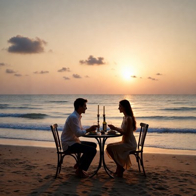 Romantic couple dining at sunset beach