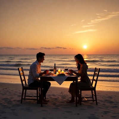 Asian couple dining on beach sunset