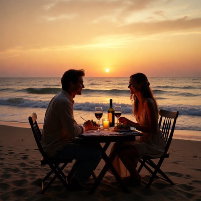 Couple dining at sunset beach