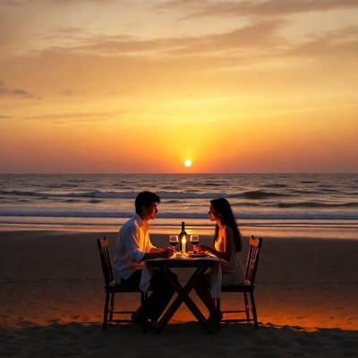 Couple dining at sunset beach