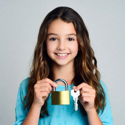 Girl holding gold padlock and key