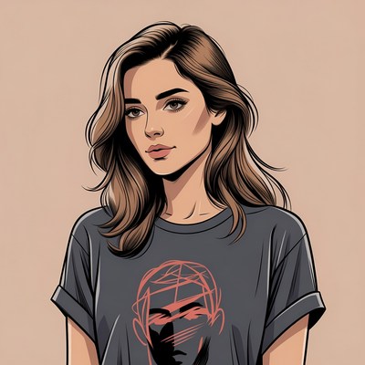 Woman wearing geometric face t-shirt