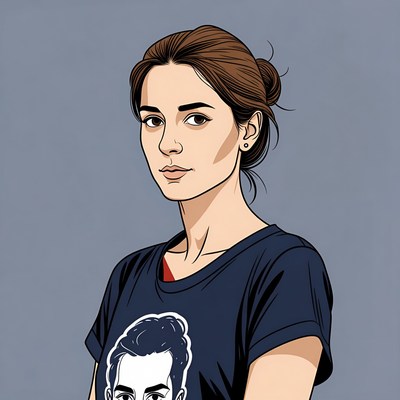 Woman in navy t-shirt with portrait
