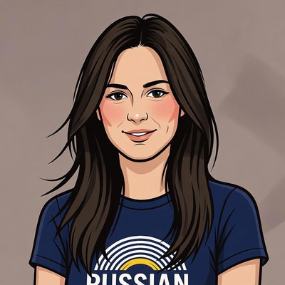 Smiling Russian woman in navy t-shirt