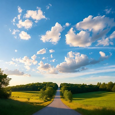 Tree-Lined Road in Green Fields