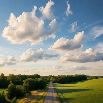 Aerial view of straight road through green fields